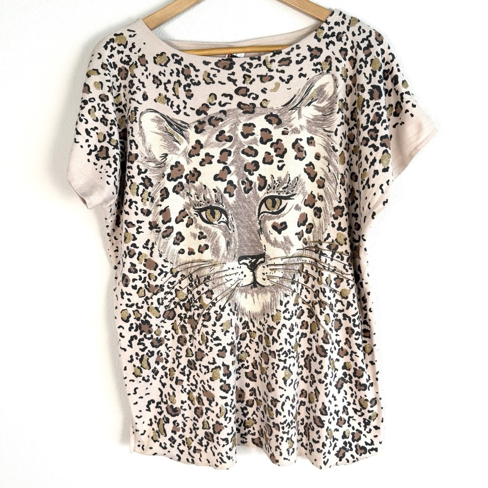 Vintage 80s‎ Graphic Tee Womens Medium Glitter Cheetah Glam Oversized Cat Print